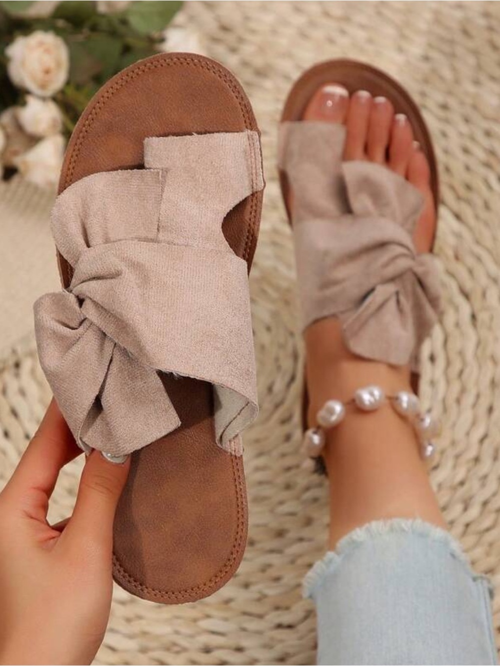 Beige Bow Knotted Suede Like Slide Sandals - Women - Picture 2 of 7